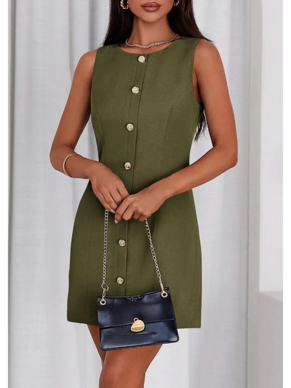 Pretty Garden Women's Army Green Sleeveless Button Down Elegant Mini Dress - Picture 4 of 6